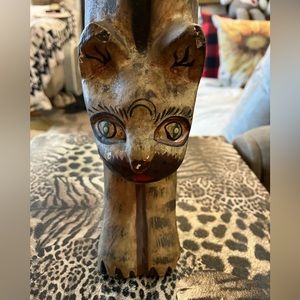 Vintage Folk Art Whimsical Hand Carved  Wood Cat